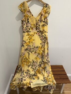 London Times Yellow Floral Ruffle-Trim  Dress